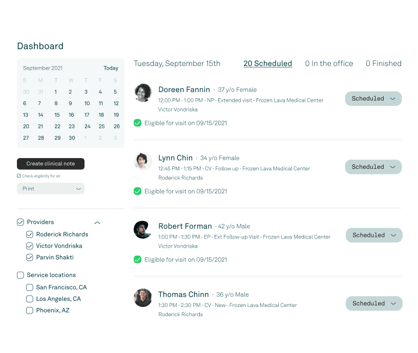 Tebra — Provider dashboard with daily schedule and eligibility status screenshot