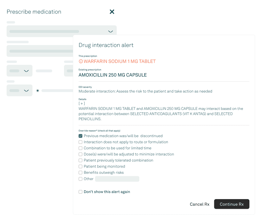 Tebra — E-prescribing screen with drug interaction alert screenshot