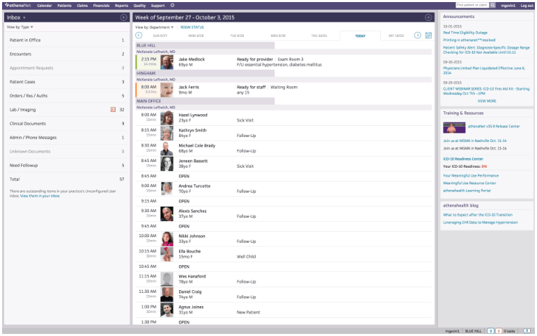athenahealth — Provider inbox and weekly appointment schedule screenshot