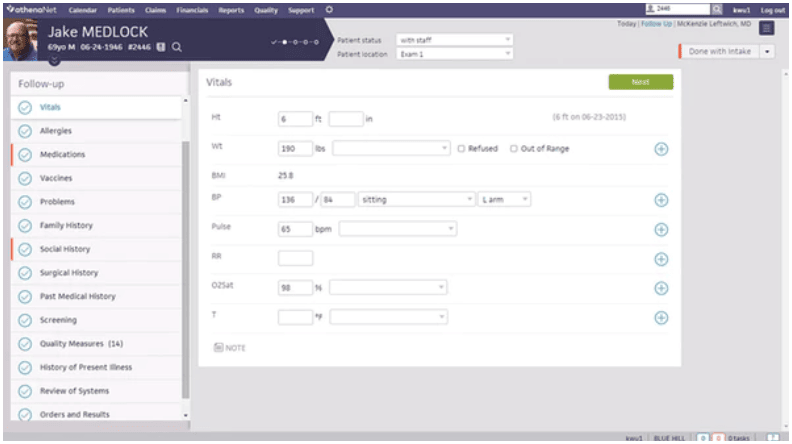 athenahealth — Clinical intake and vitals capture during a visit screenshot